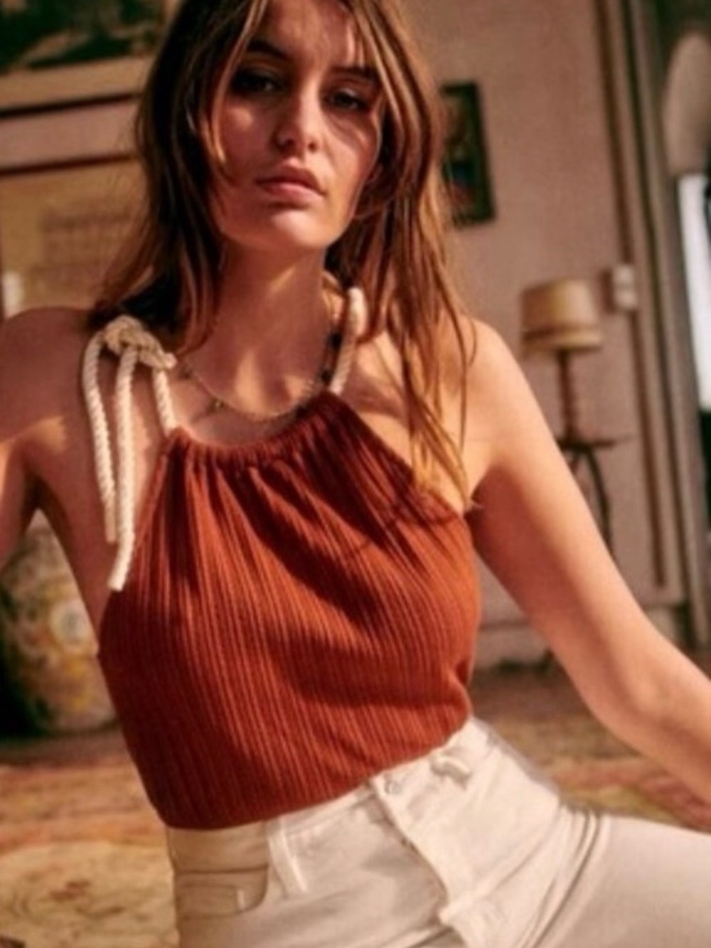 Rope-Shoulder Ribbed Tank Top — Rust